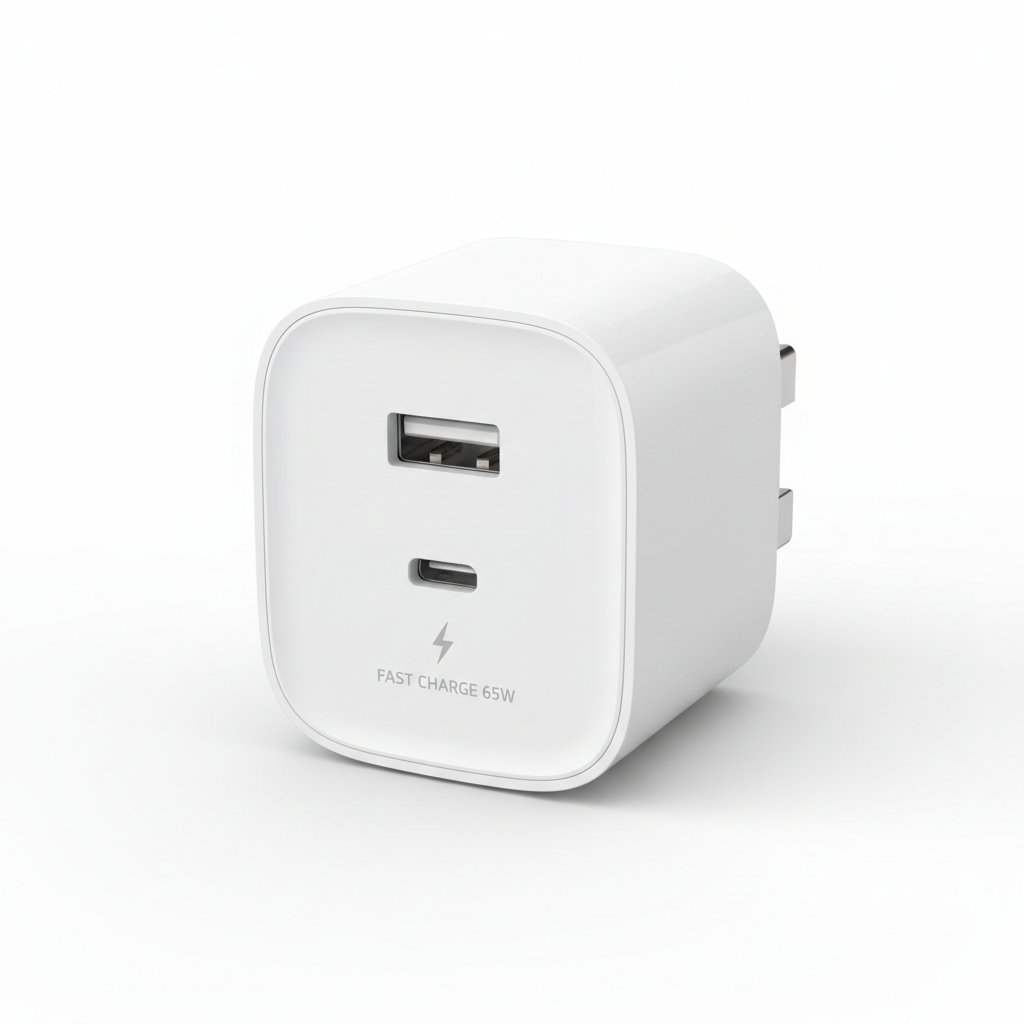 White USB-C fast charger brick with cable on bright background showing 65W power output