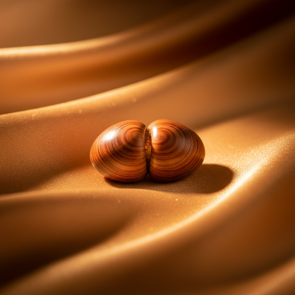Two joined natural seeds on silk fabric, warm amber light, intimate spiritual composition