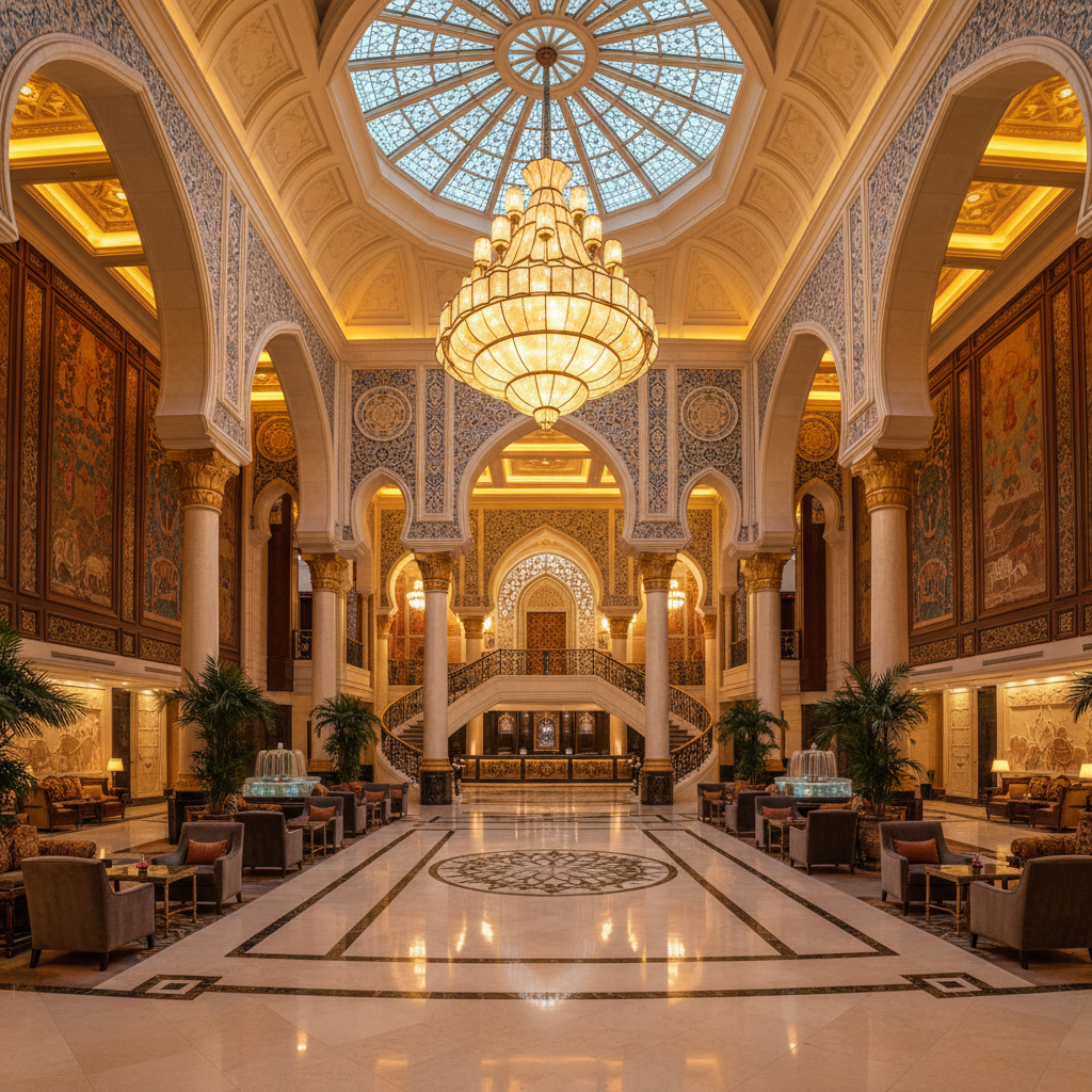 Luxury heritage hotel with ornate Rajasthani architecture, grand entrance with marble floors and warm lighting
