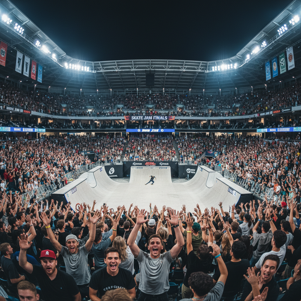 Packed stadium crowd cheering at a skateboarding competition at night