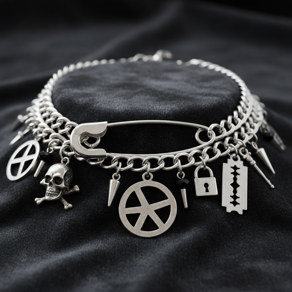 Close-up of safety pin choker with silver chain and punk charms on dark fabric