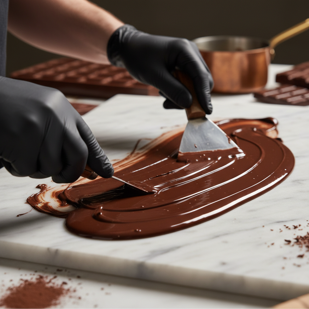 Chocolatier hands tempering dark chocolate on marble slab, warm kitchen lighting, focused craft work