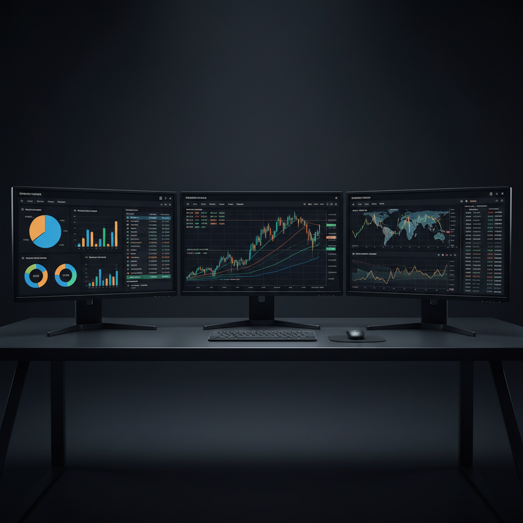 Financial trading dashboard with real-time charts and market data on multiple dark-themed monitors