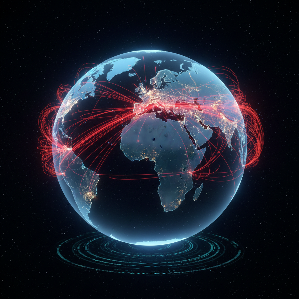 Abstract globe network visualization on dark background with dim glowing connection lines, atmospheric deep space-like environment
