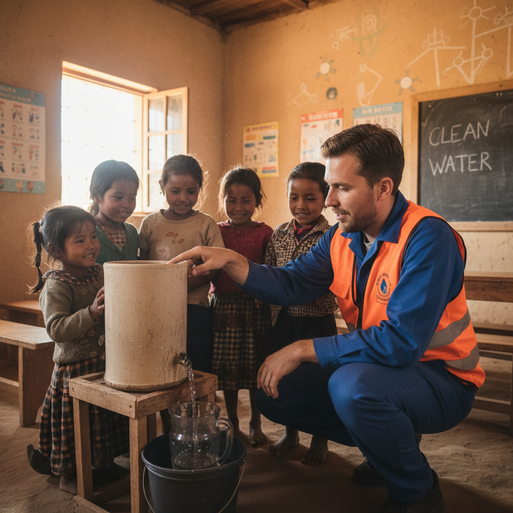 Volunteer engineer in orange vest showing children how the ceramic water filter works in a village school
