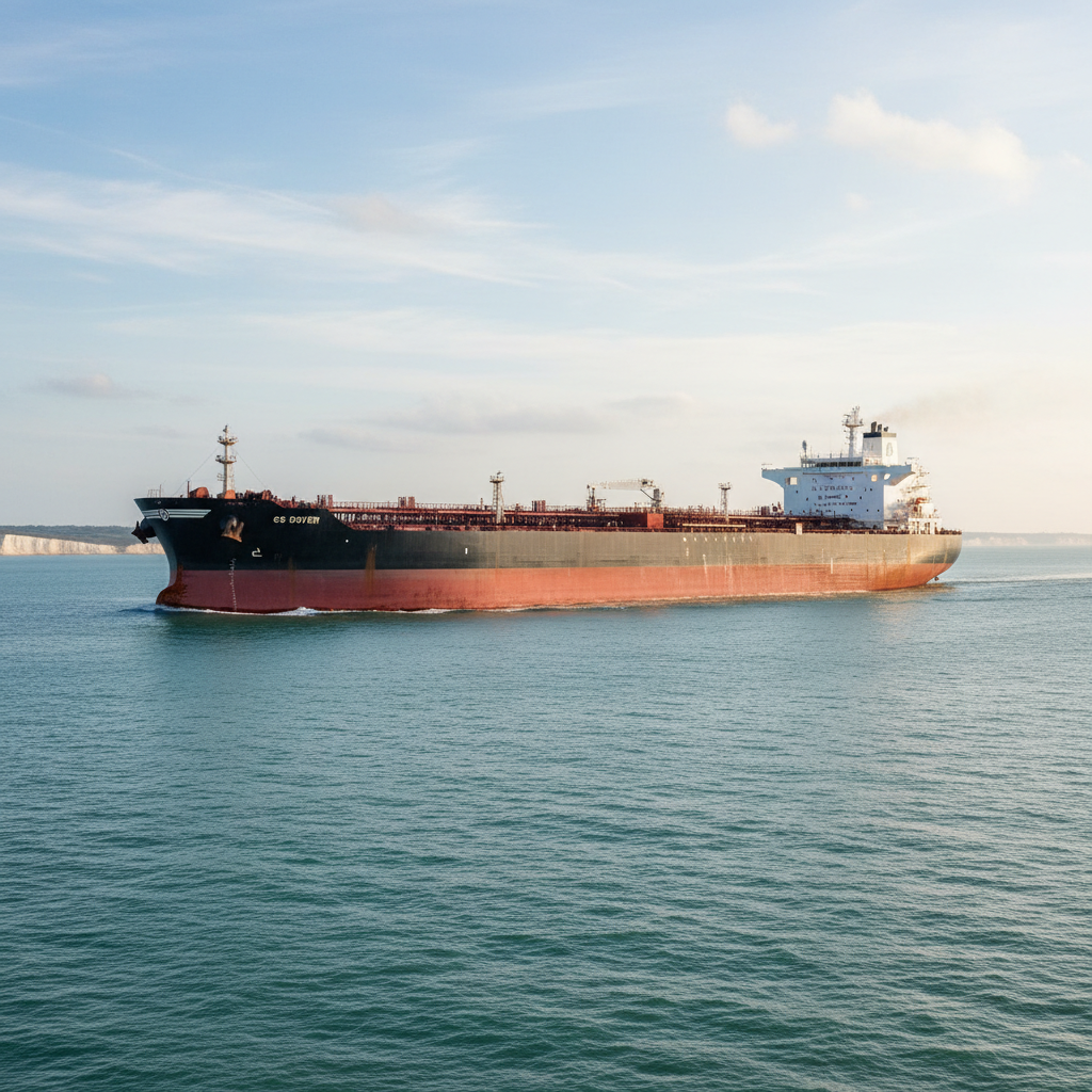 CS Indian VLCC crude tanker at golden hour, orange reflections on Indian Ocean surface