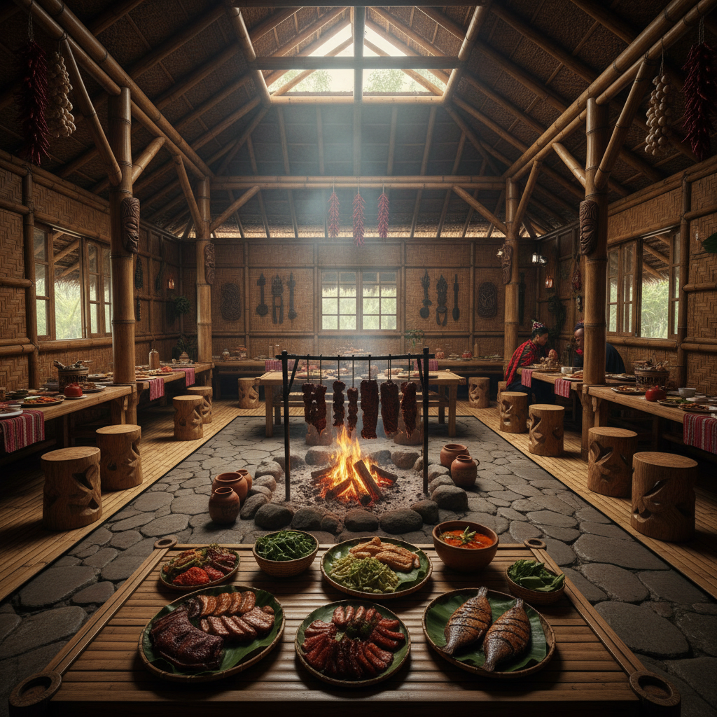 Rustic Naga tribal restaurant with bamboo decor and traditional smoked meat dishes