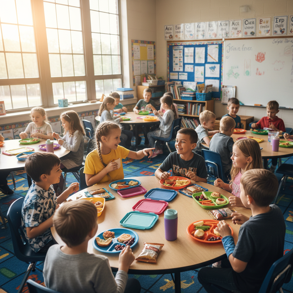 Children eating hot meal together in a school cafeteria, happy expressions, colourful trays