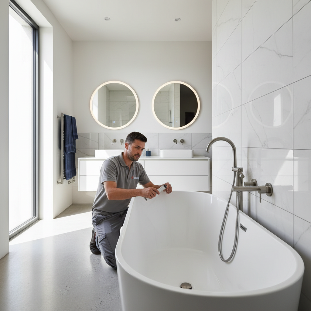 Professional demonstrating maintenance of newly renovated bathroom fixtures and fittings