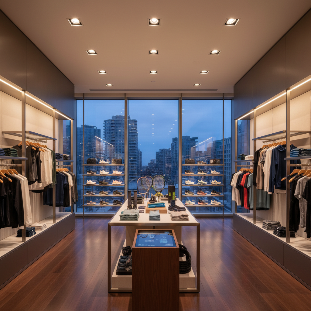 Large luxury athletic retail flagship store with dramatic DALI-controlled LED lighting and video wall displays