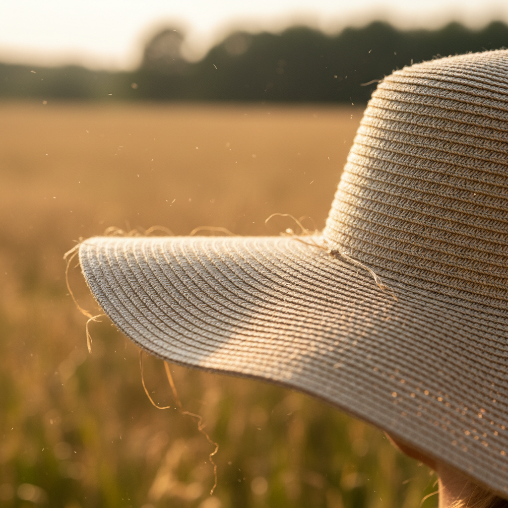 Close-up of a wide-brim hat brim catching warm afternoon wind on a coastal trail, fabric texture visible