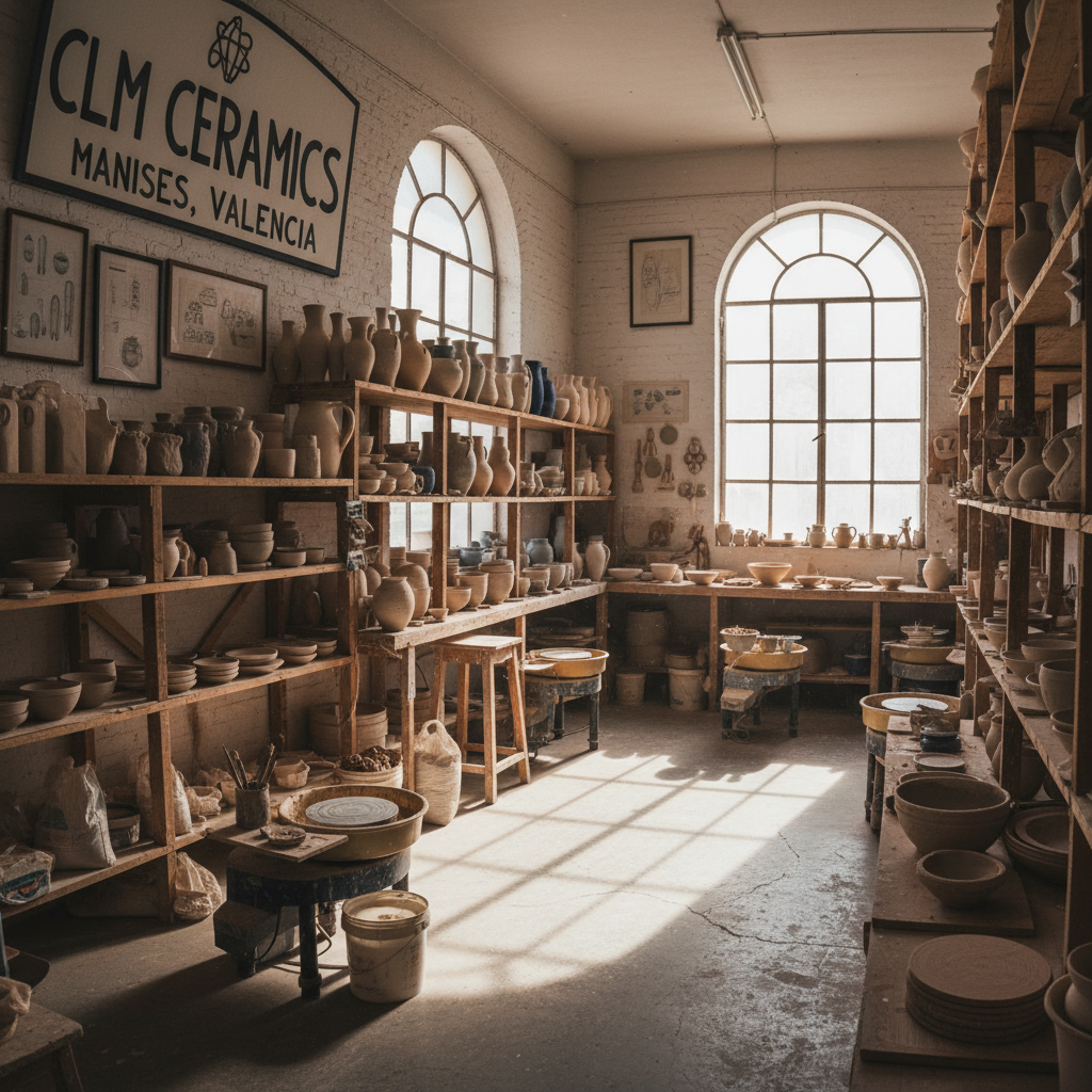 Artisan ceramic workshop with colorful painted pottery and handcraft tools, natural daylight from windows