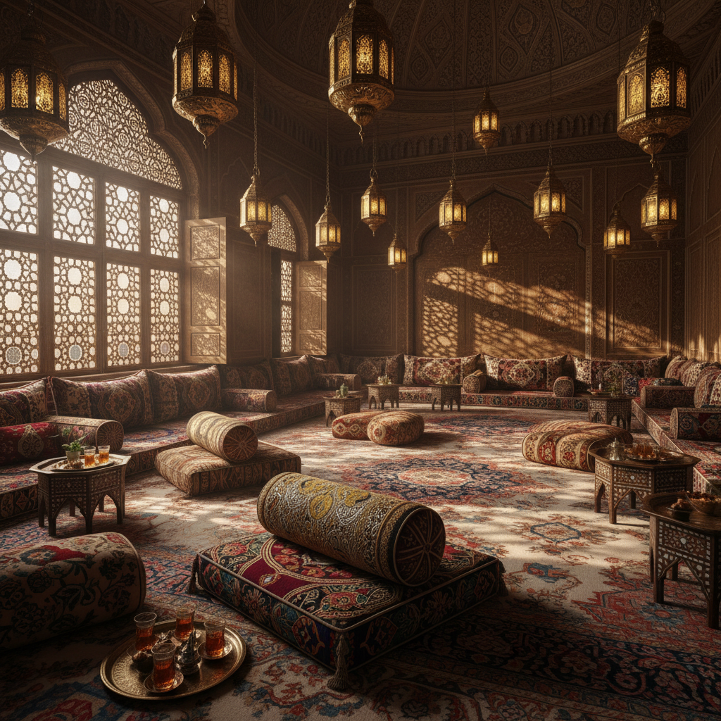 Fully dressed majlis room with floor cushions, brass lanterns, and mashrabiya window casting geometric shadow patterns on embroidered bolsters