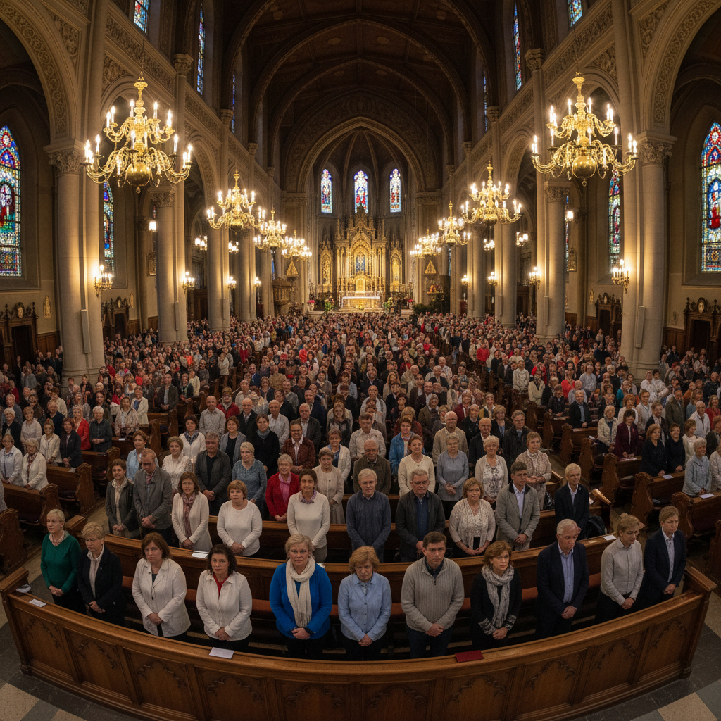 A packed church auditorium with warm lighting, thousands of people gathered for Sunday service