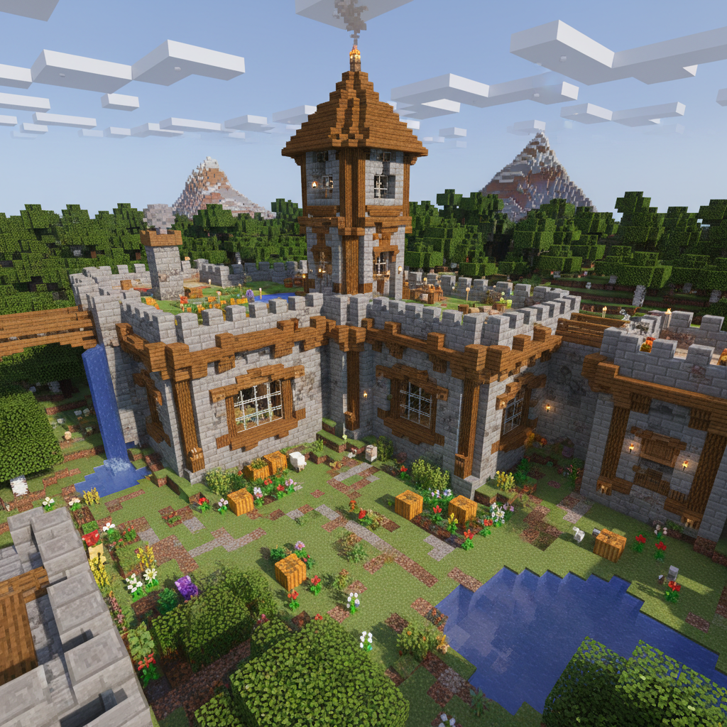 Elaborate Minecraft survival base with stone walls, wooden accents, and surrounding gardens