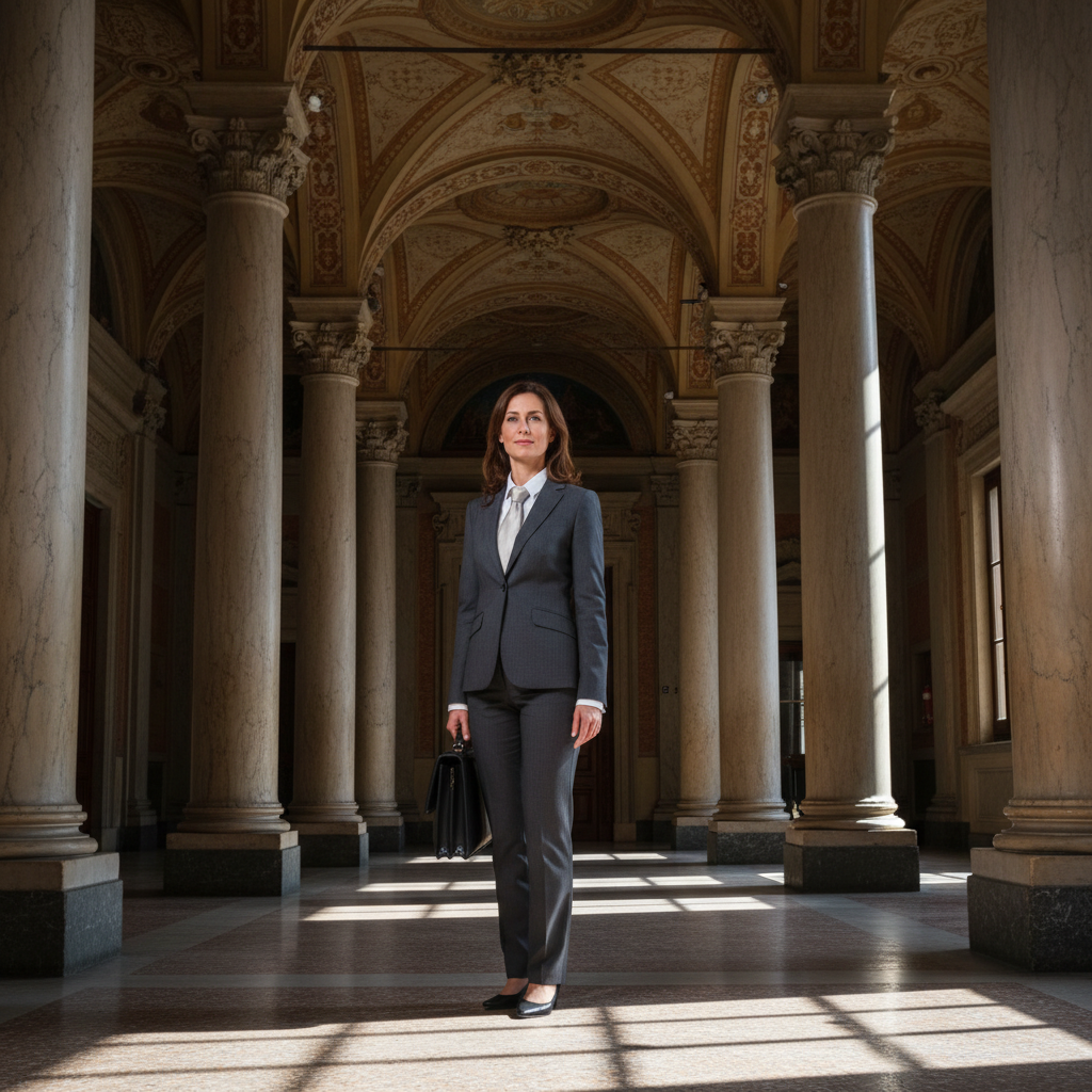 Professional lawyer in suit with briefcase in dramatic hallway of Italian courthouse
