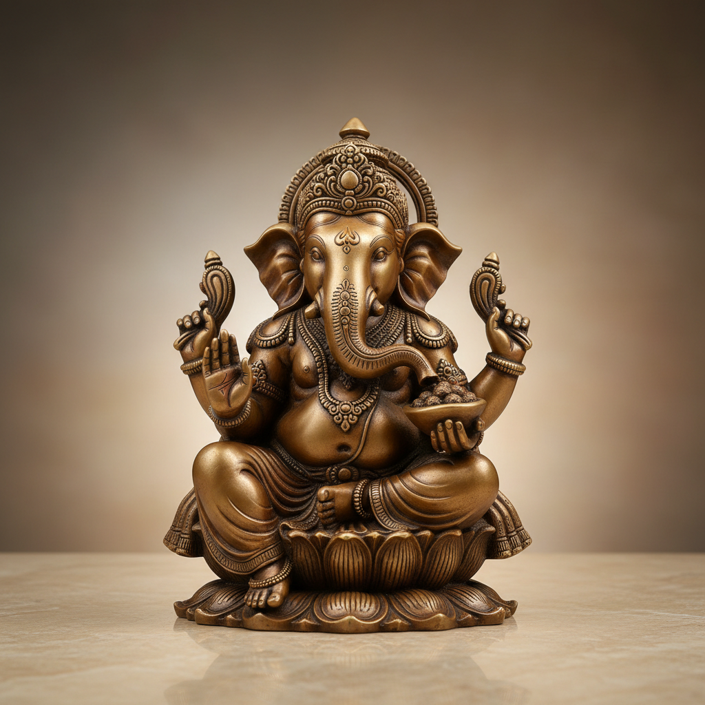 Ganesha Idol — Standing Pose — sacred bell metal idol, warm atmospheric lighting