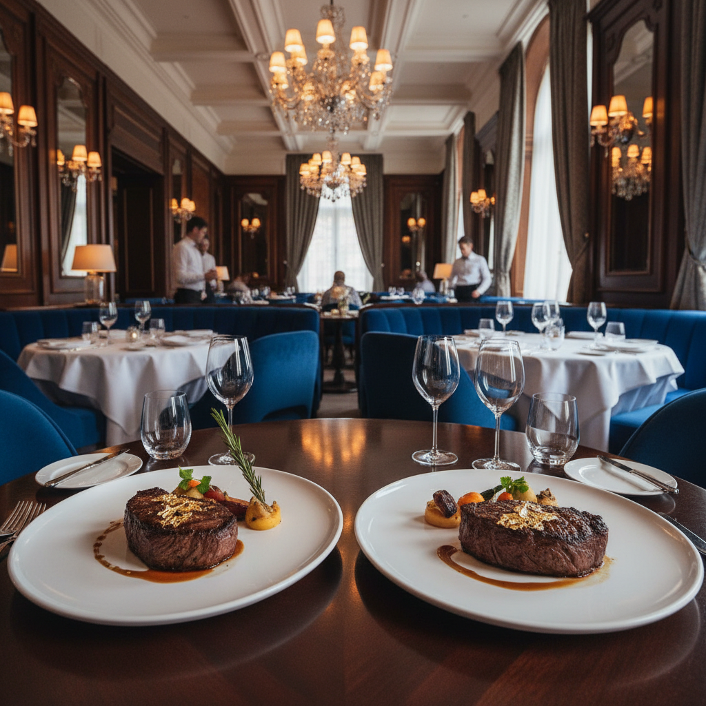 Elegant fine dining restaurant interior with premium steaks and gold-leaf presentation