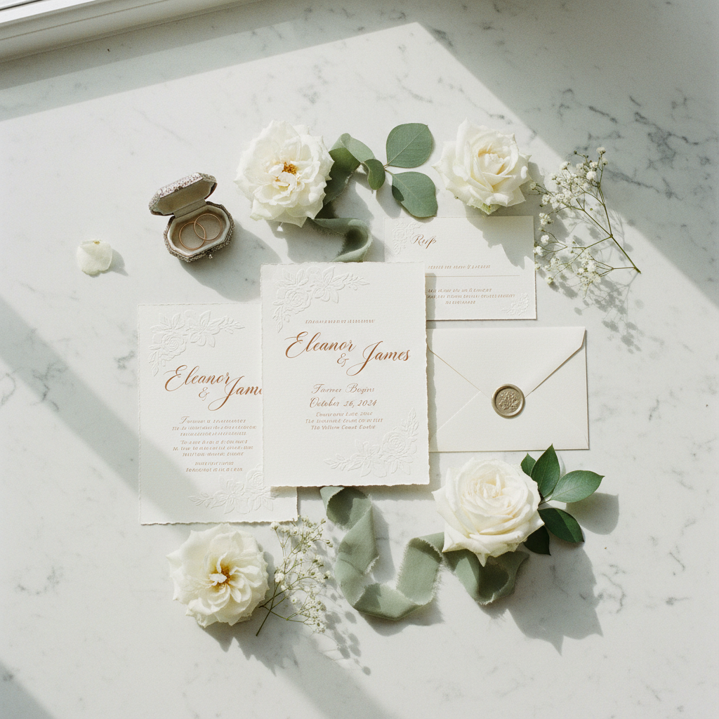 Full wedding invitation suite spread on marble surface with flowers and ribbon