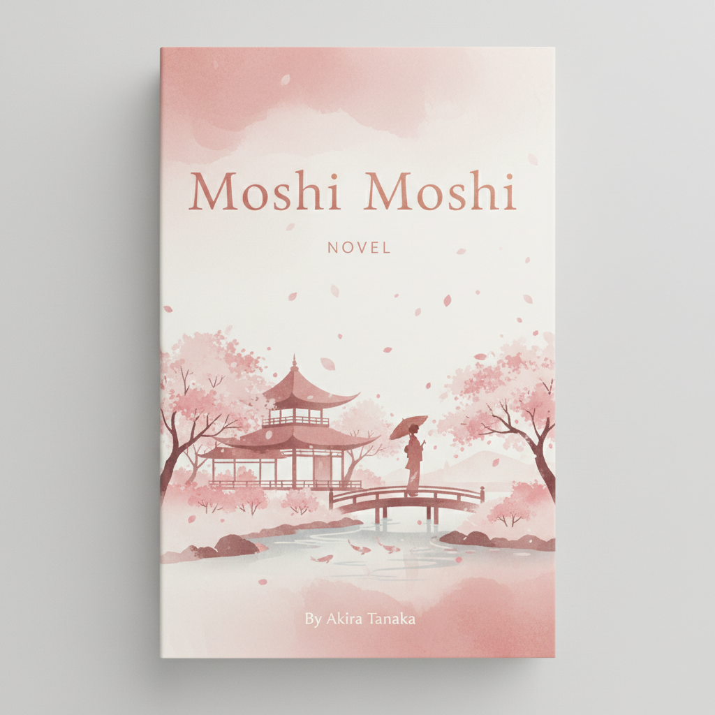Soft pink and white Japanese aesthetic cover, Moshi Moshi novel