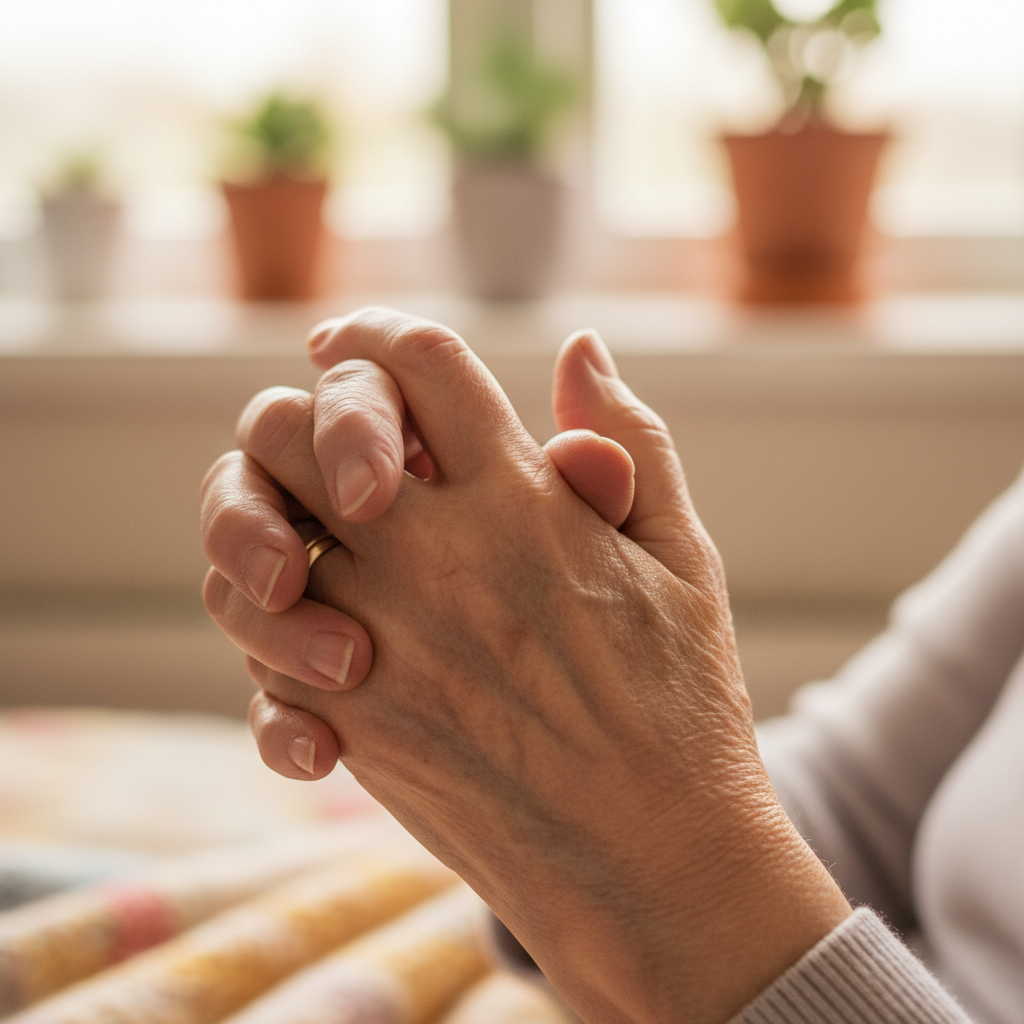 Grandmother's hands interlaced at a community rally for change