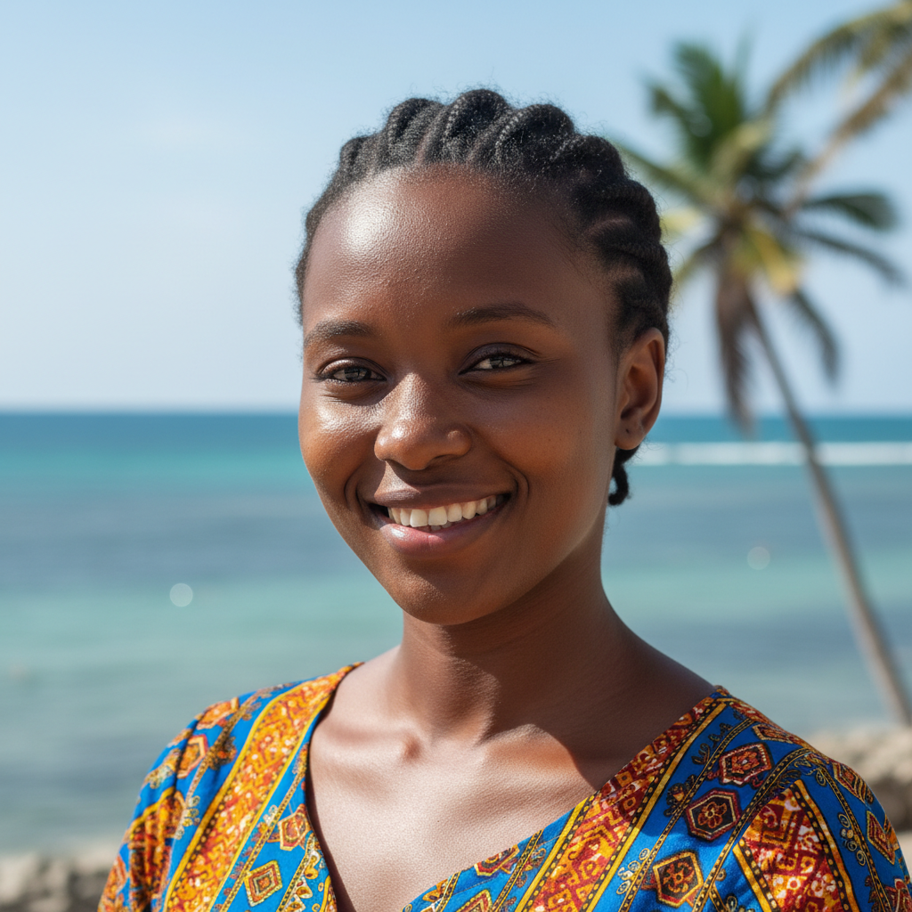 Smiling Tanzanian woman in bright natural light, warm tones, clear face, light background