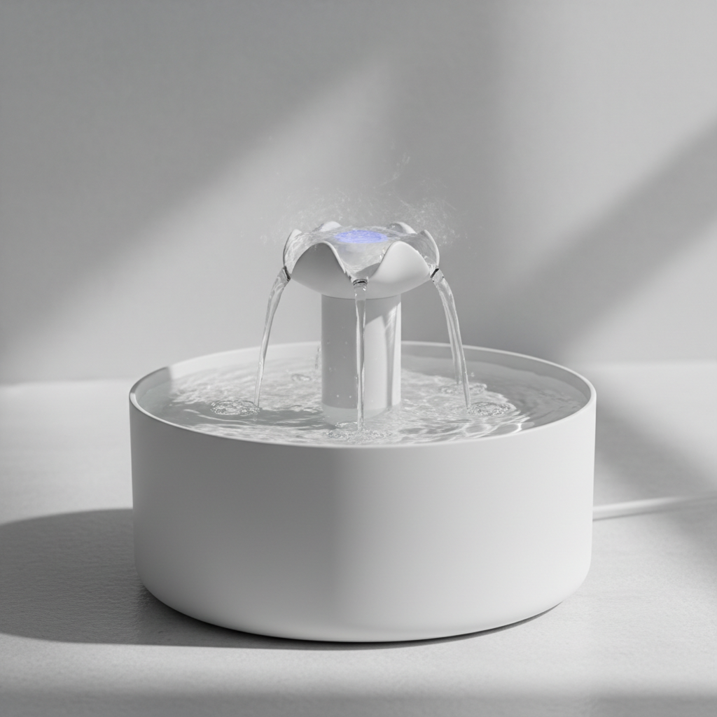Silver pet water fountain with flowing water on white background