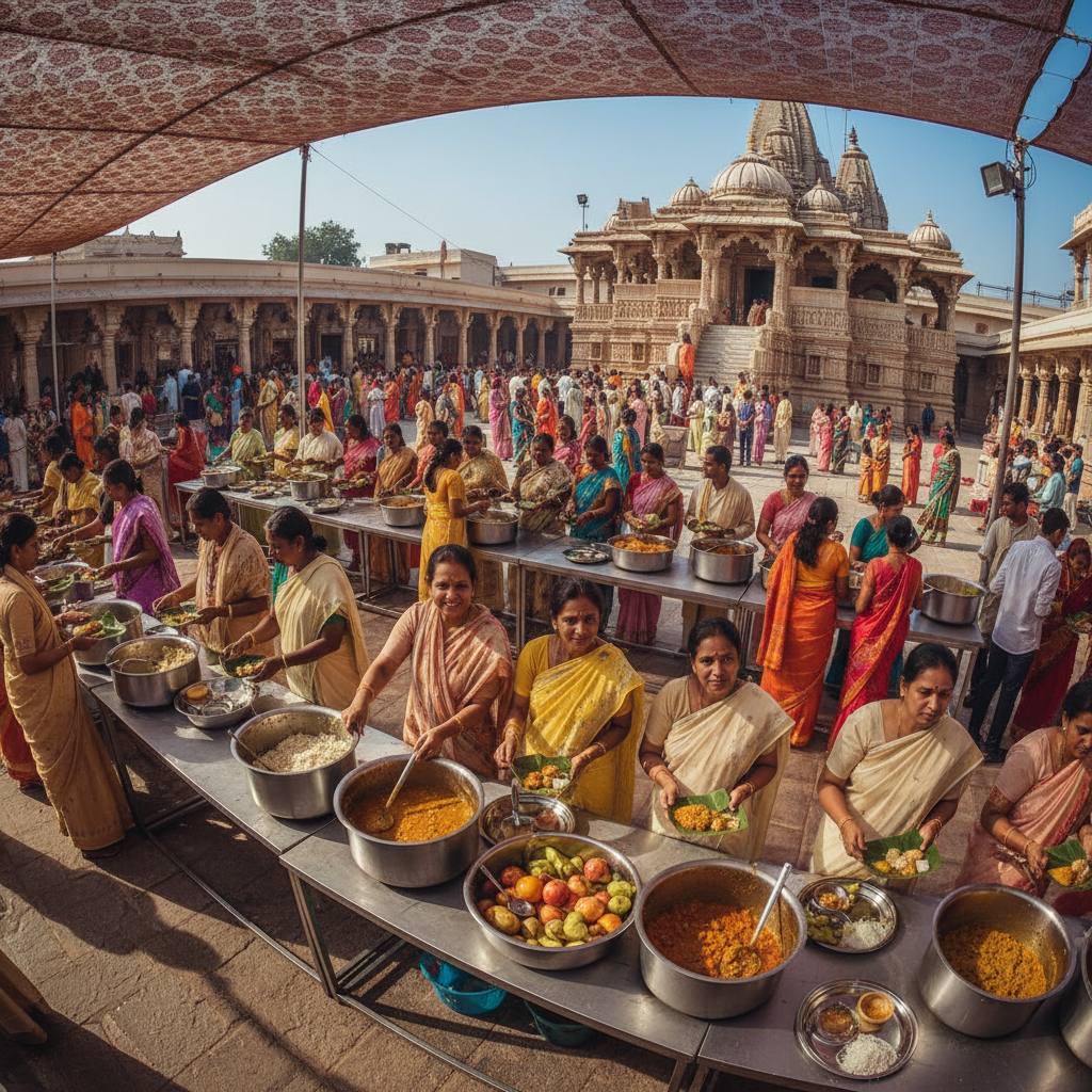 Community meal service at temple with devotees receiving prasad