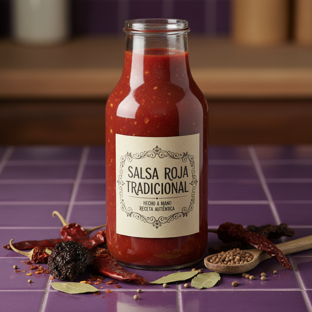 Deep red salsa roja in glass bottle with handwritten label, dried chiles scattered around on purple tile