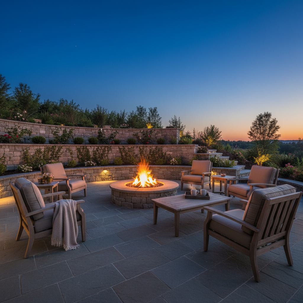 Colorado mountain residential landscape with natural stone patio, evergreen trees, and mountain backdrop in warm natural light