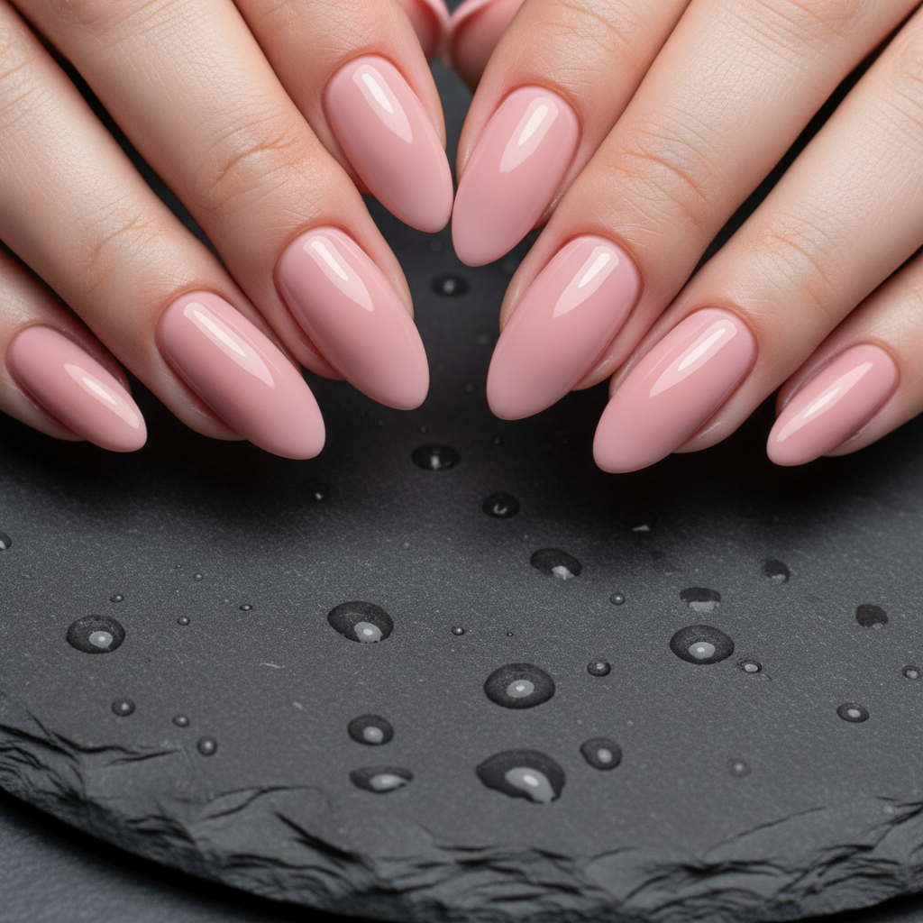 Blush-toned gel nails against a dark slate background