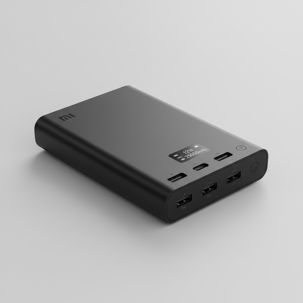 Large capacity power bank 20000mAh on dark background, portable charger