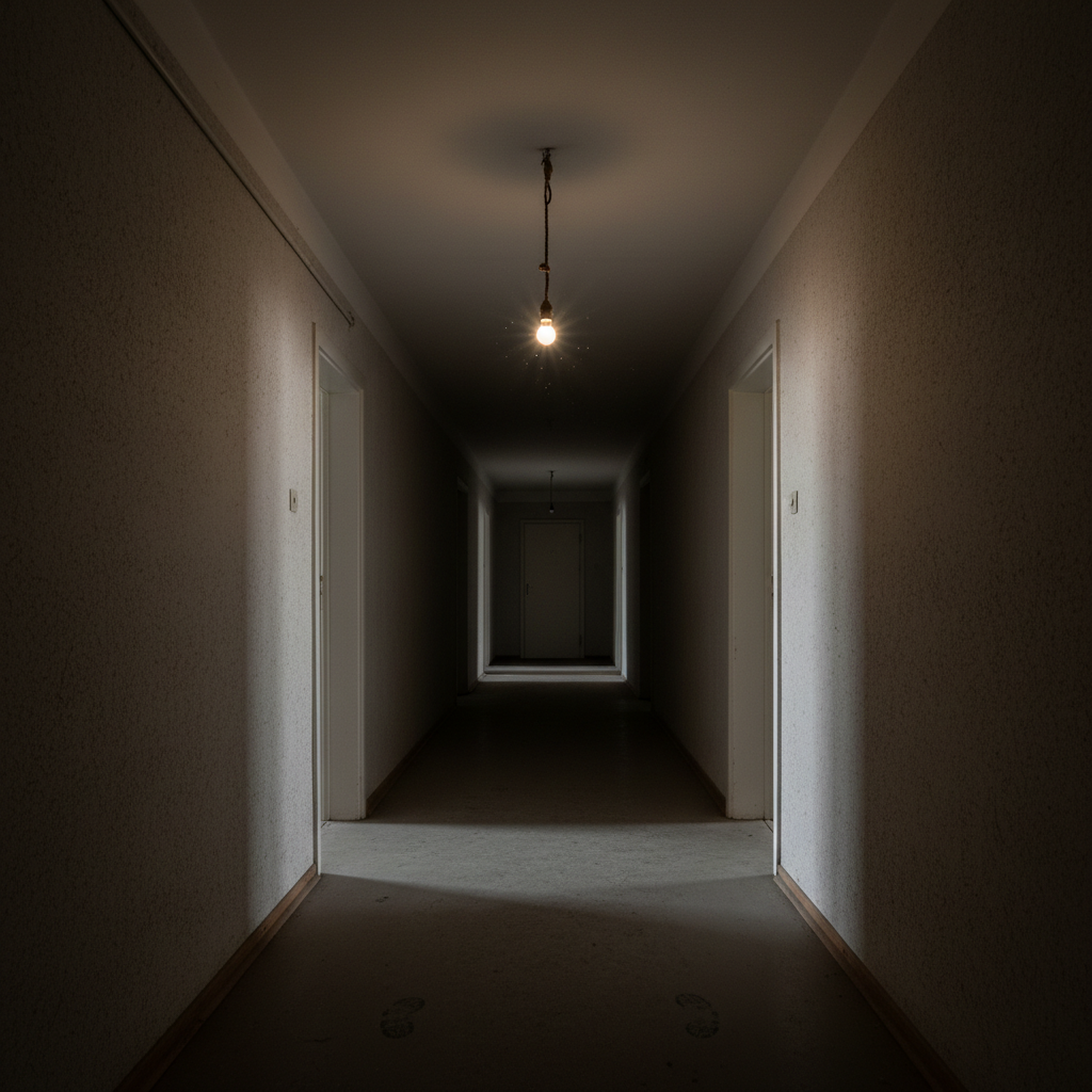Empty apartment hallway with dramatic shadows and single bare light bulb