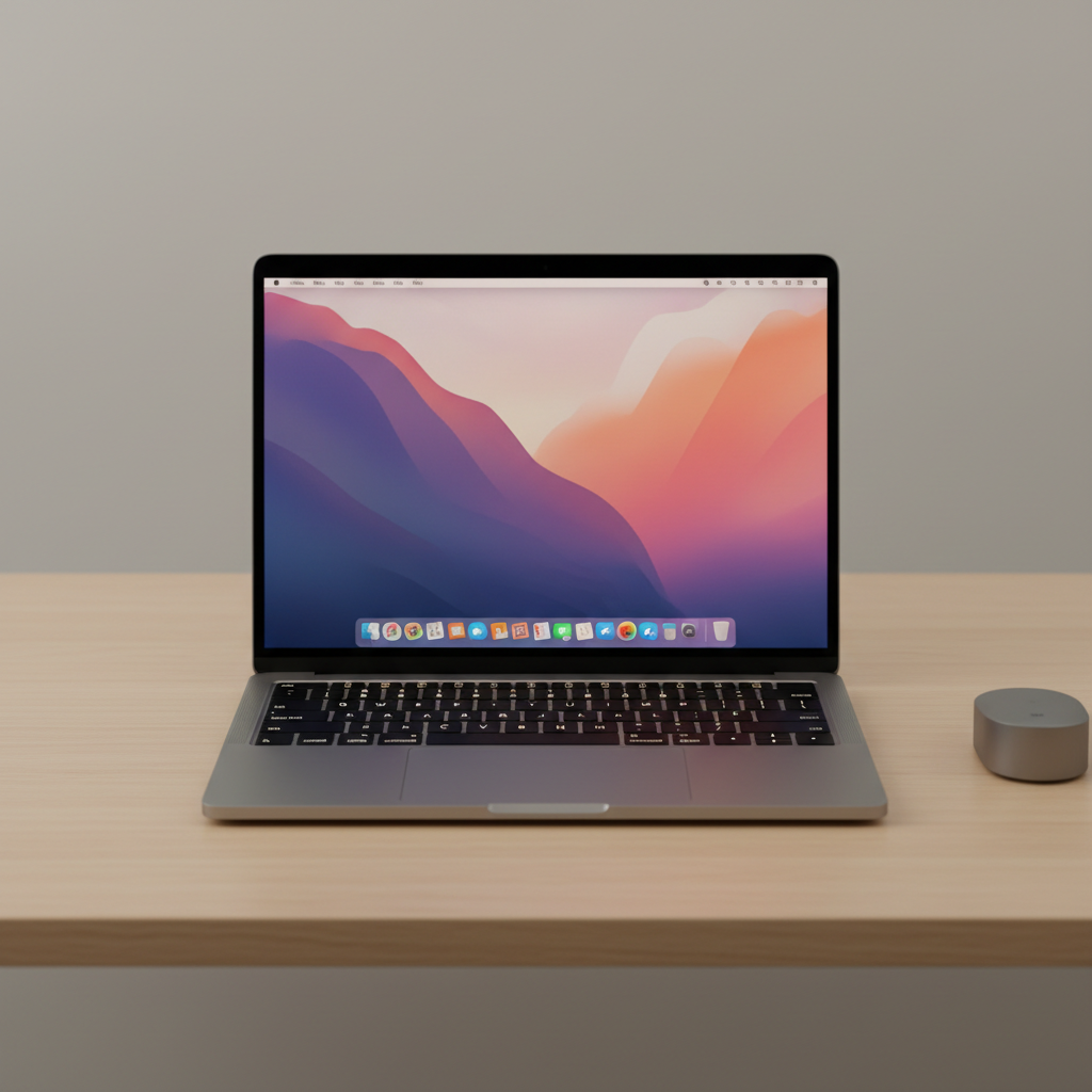MacBook Pro 14-inch silver laptop open on white surface, clean minimal setting