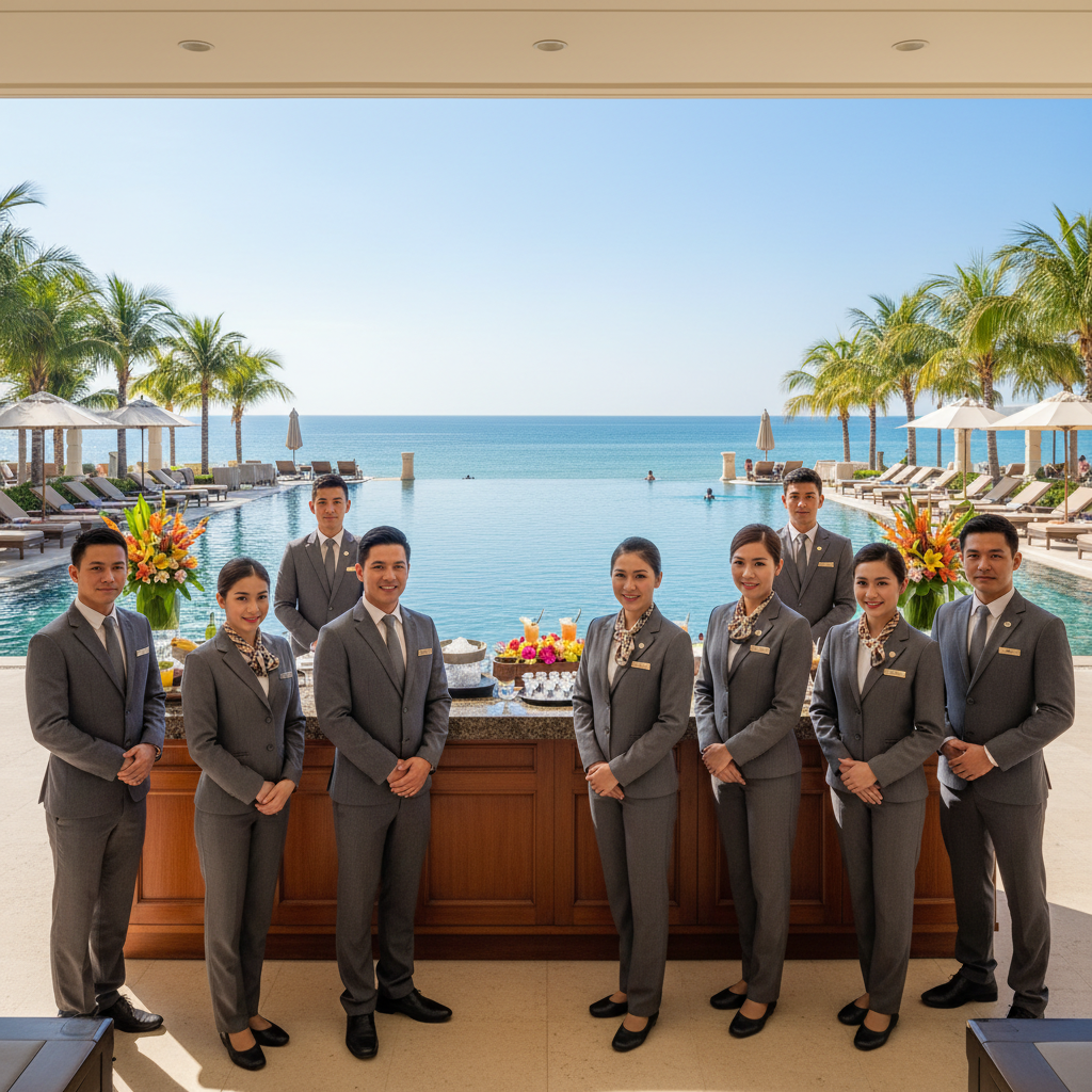 Resort hotel staff in matching tailored charcoal uniforms standing at an outdoor poolside service area