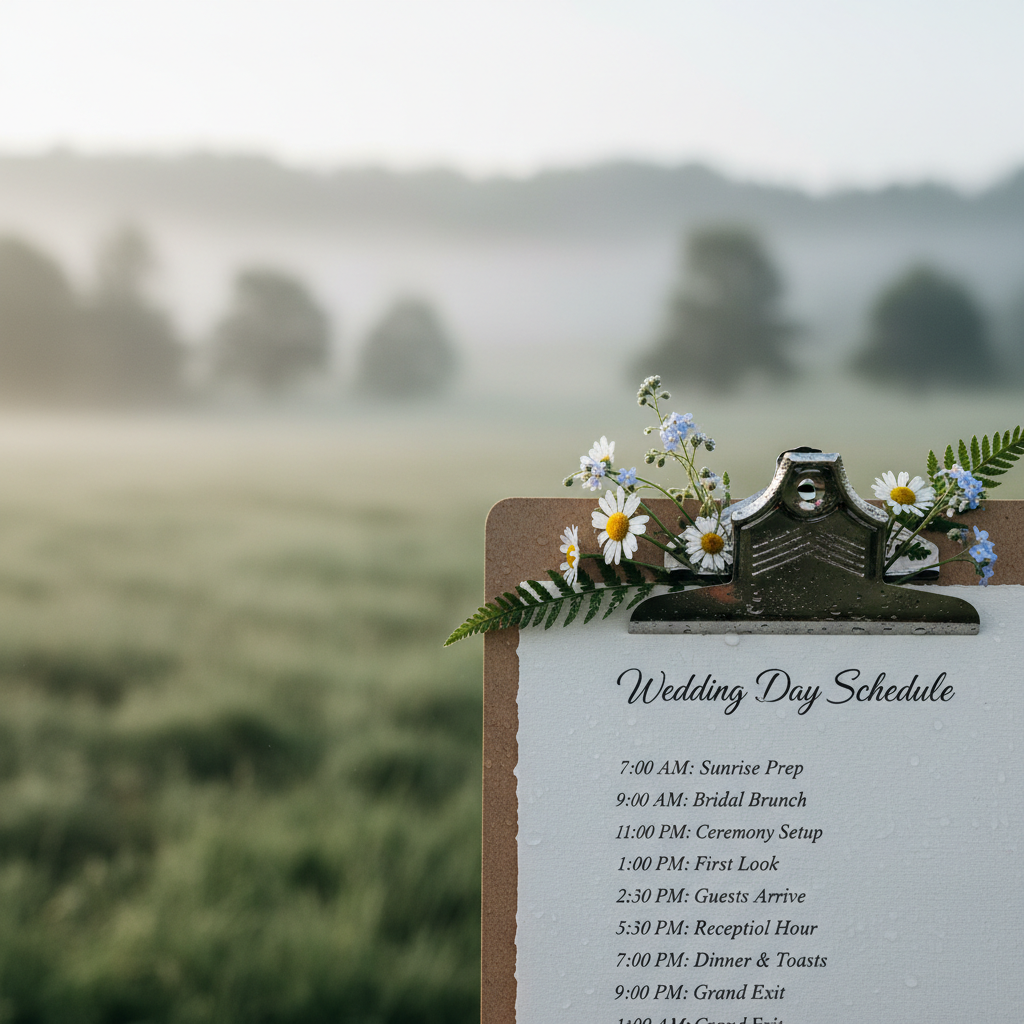 Clipboard with wedding timeline and wildflower sprigs tucked into clip, morning mist in background