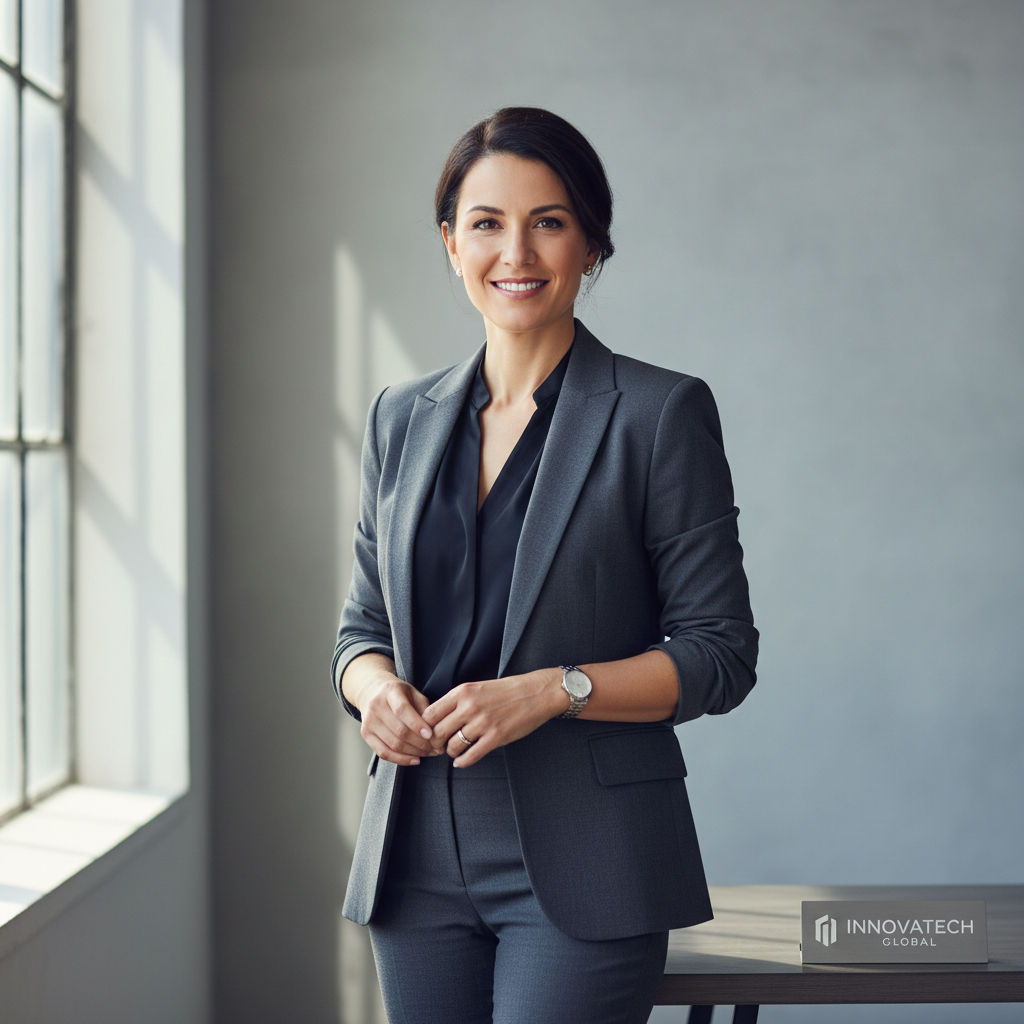 Business professional smiling, clean white background, sharp attire