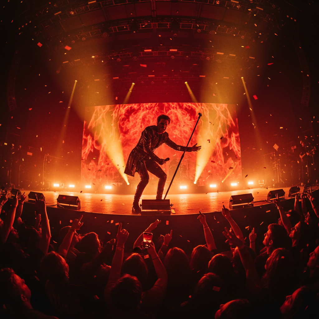 Artist performing on stage with dramatic red and gold lighting, concert crowd below, dark atmospheric venue