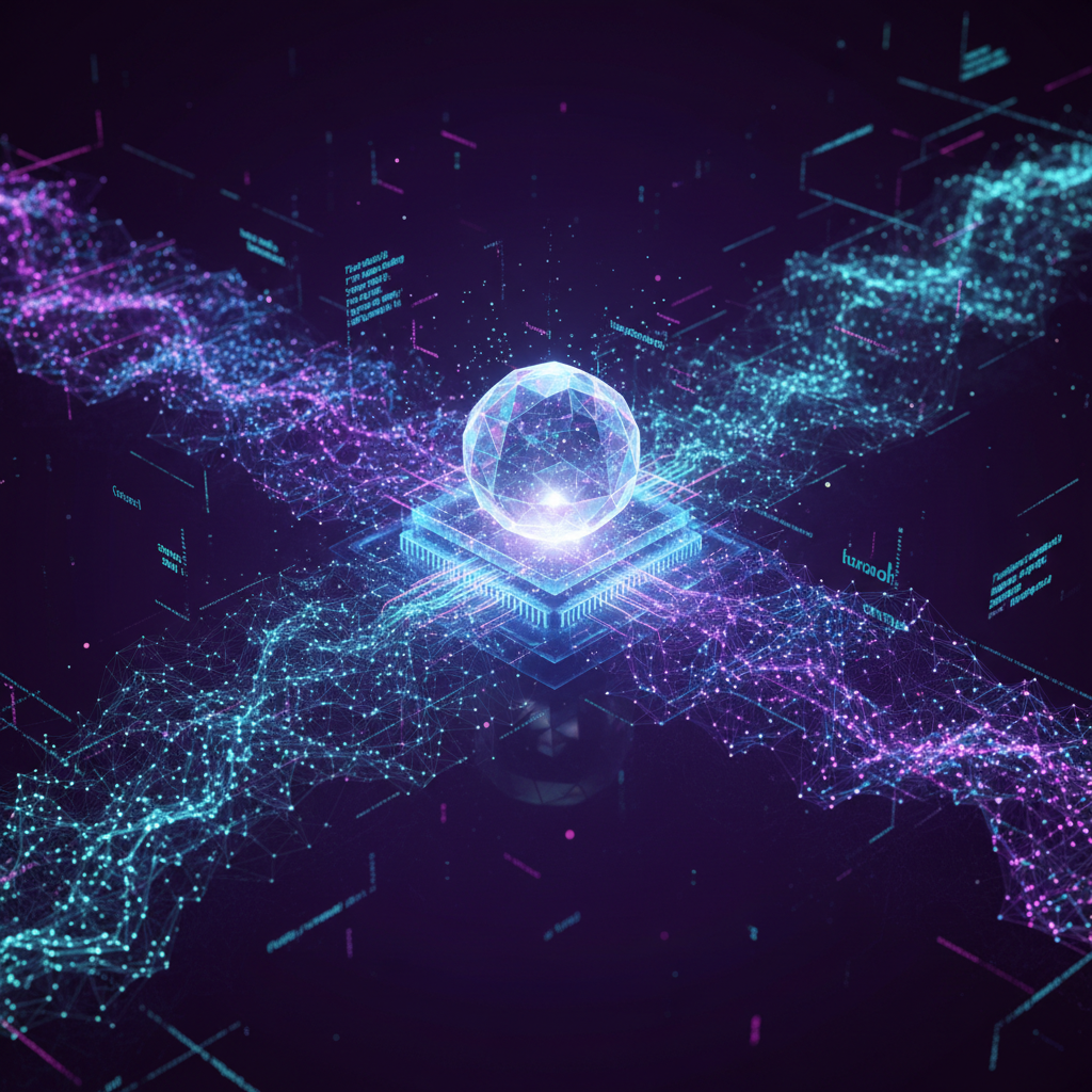 Abstract AI neural network visualization in green and black, data streams flowing, dark atmospheric background