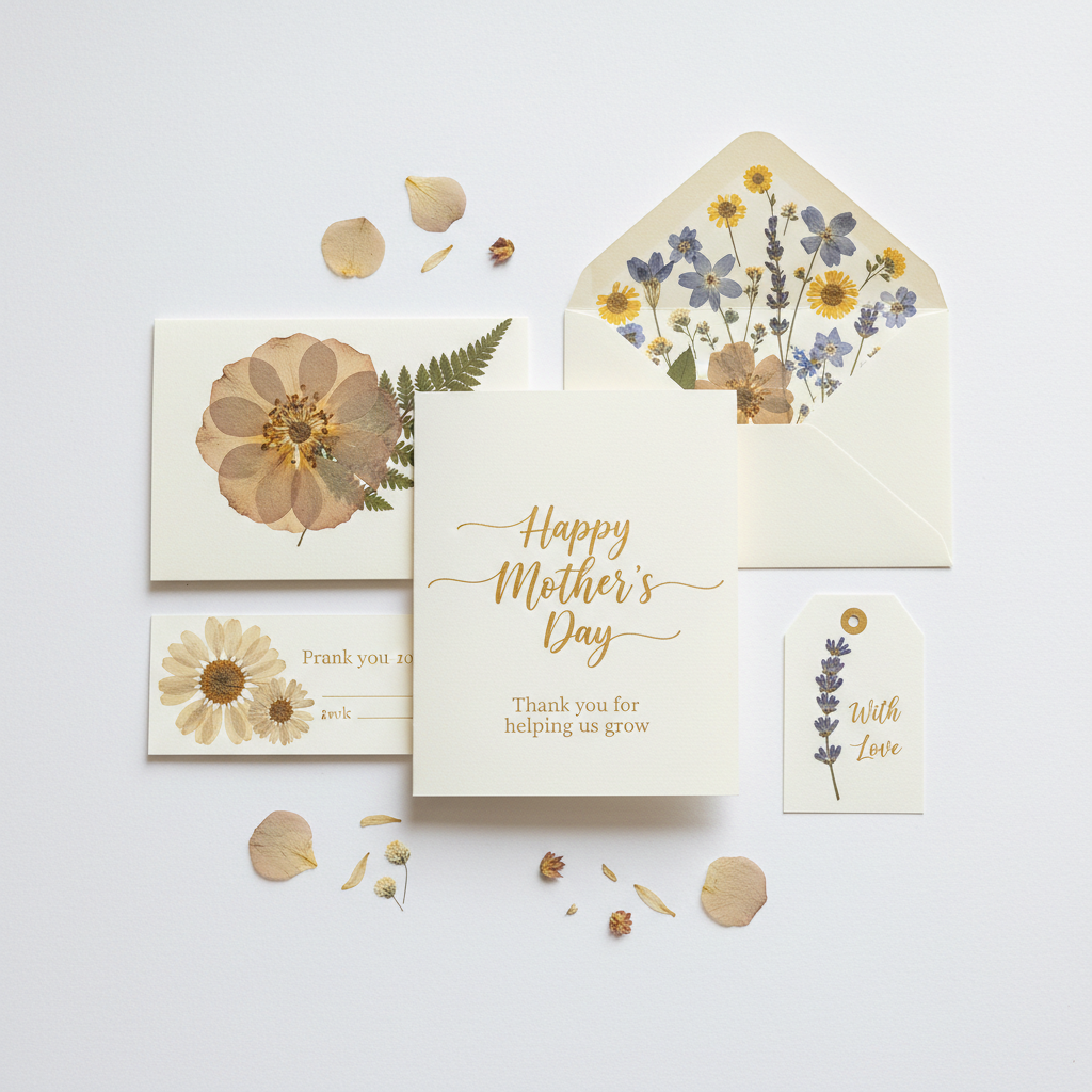 Floral mother's day card suite with pressed flower photography on white background