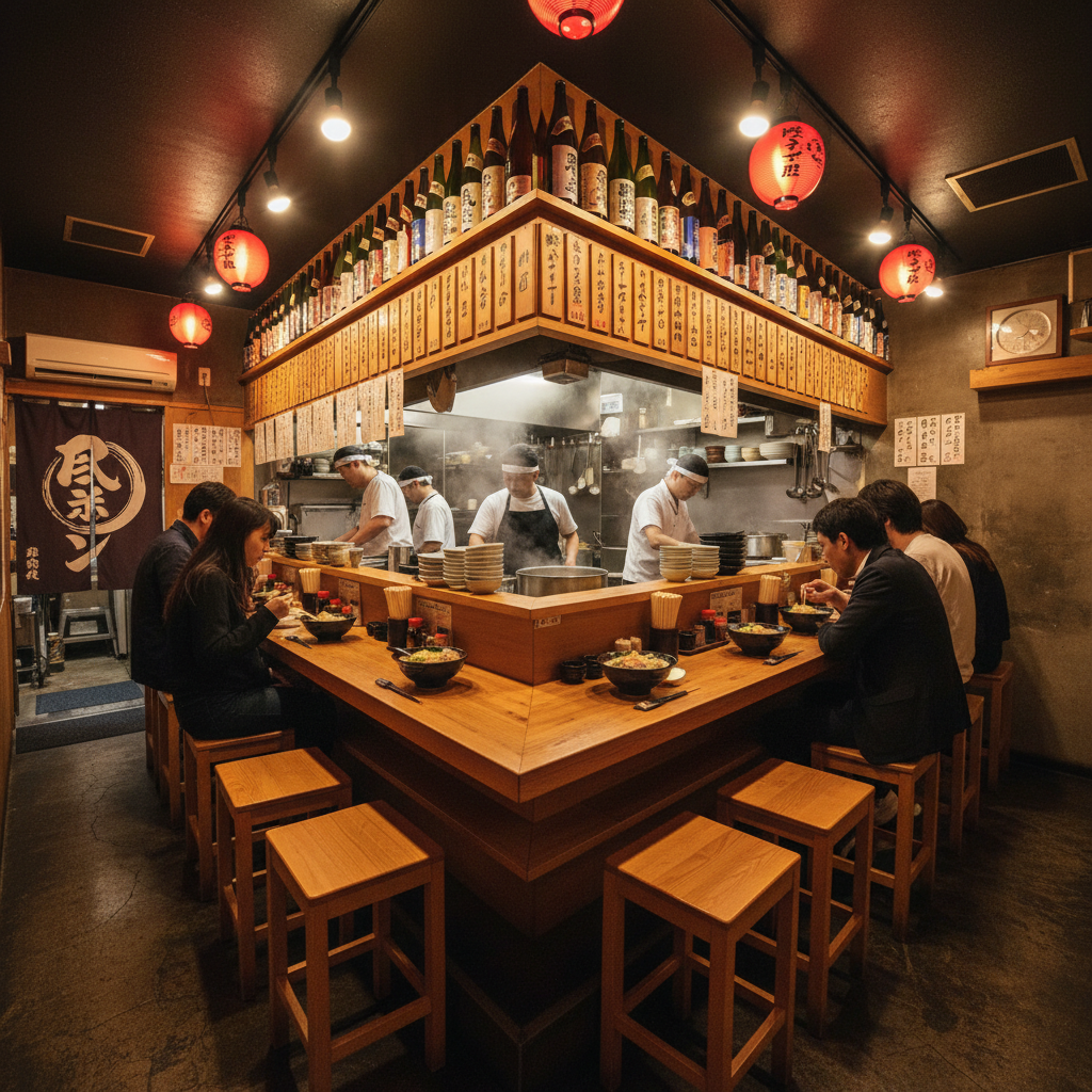 Interior of a narrow Japanese ramen counter with warm lighting, 12 seats facing the kitchen pass