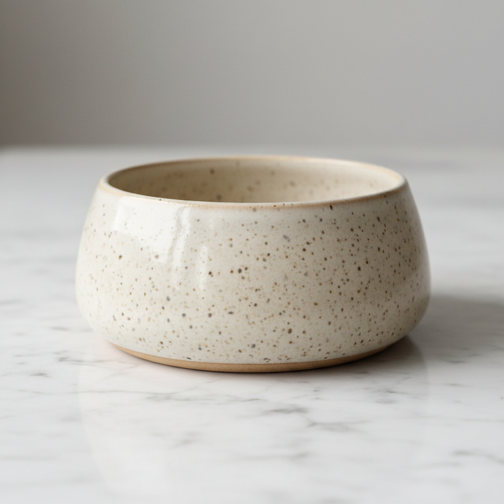 Artisan handmade ceramic dog bowl with speckled cream glaze on marble