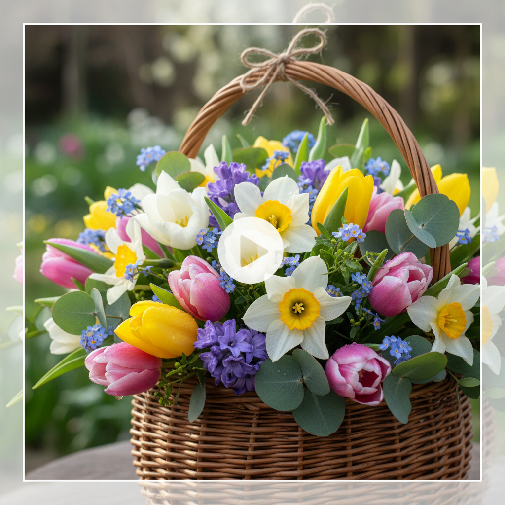 Spring garden gift basket with flowers, chocolates and candle