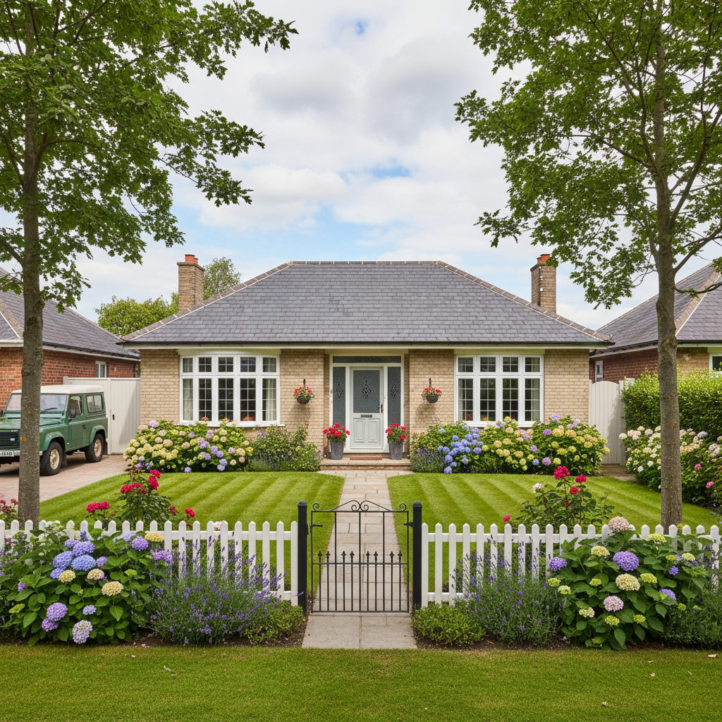 Single-storey bungalow with wide frontage and neat garden, bright British daylight, suburban street