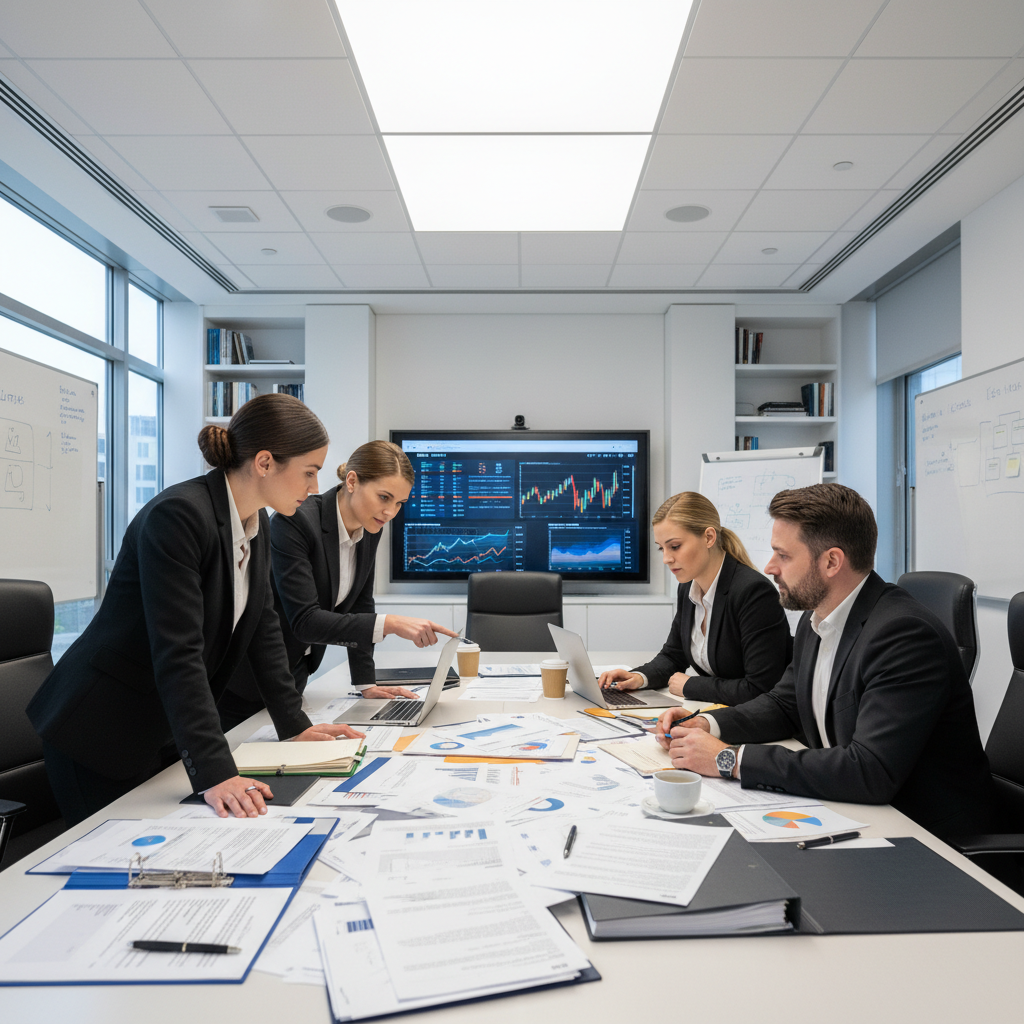 Business professionals reviewing sustainable supply chain documentation on laptop in modern office
