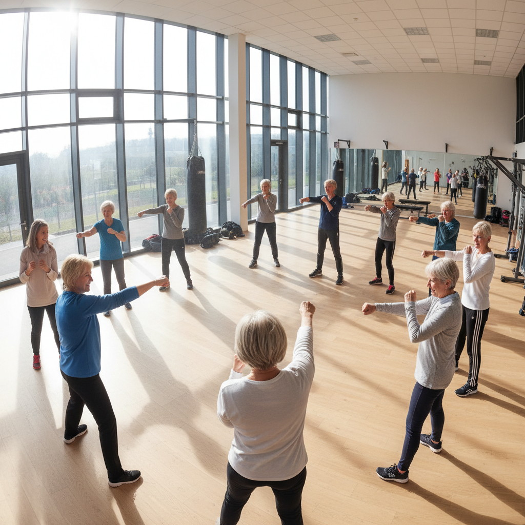 A group of adults in their 60s and 70s doing gentle boxing movements in a bright community gym, smiling and focused