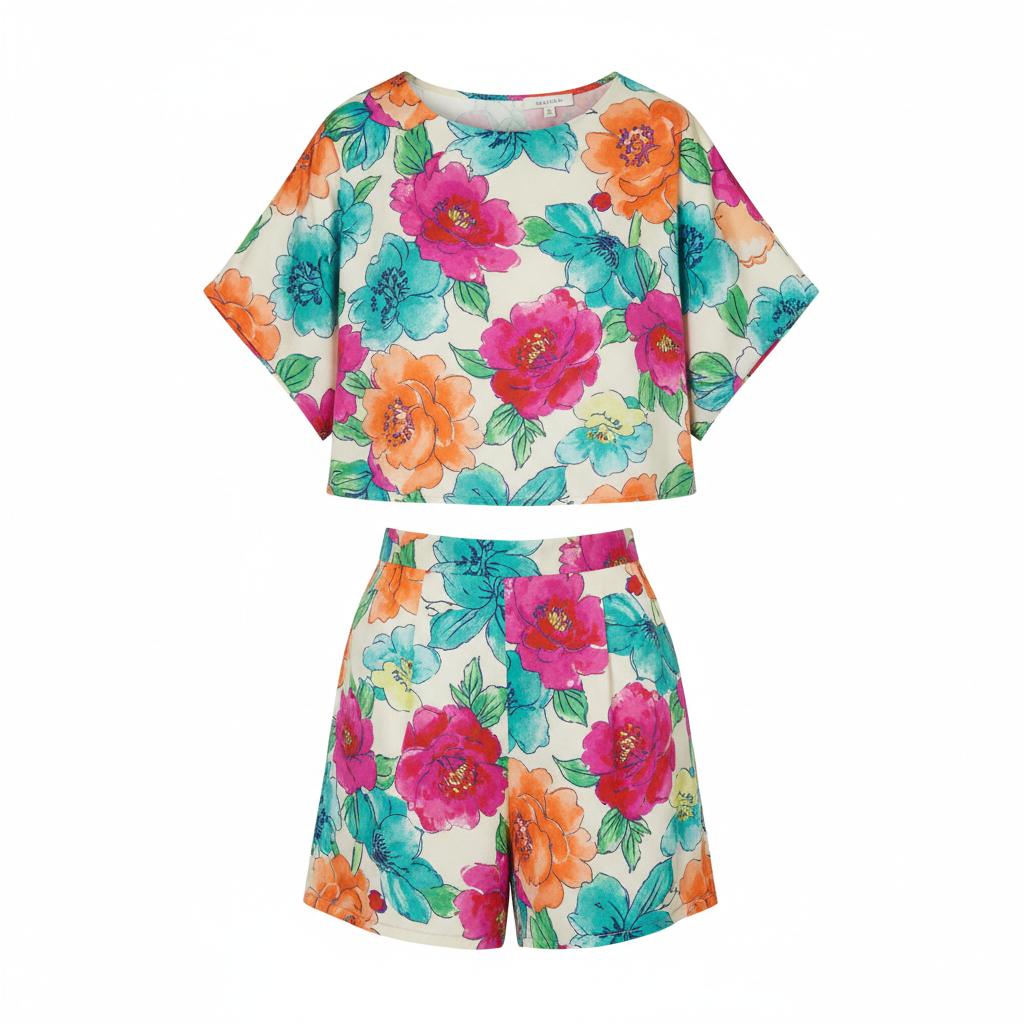 Stylish casual crop top and matching shorts set in pastel colors