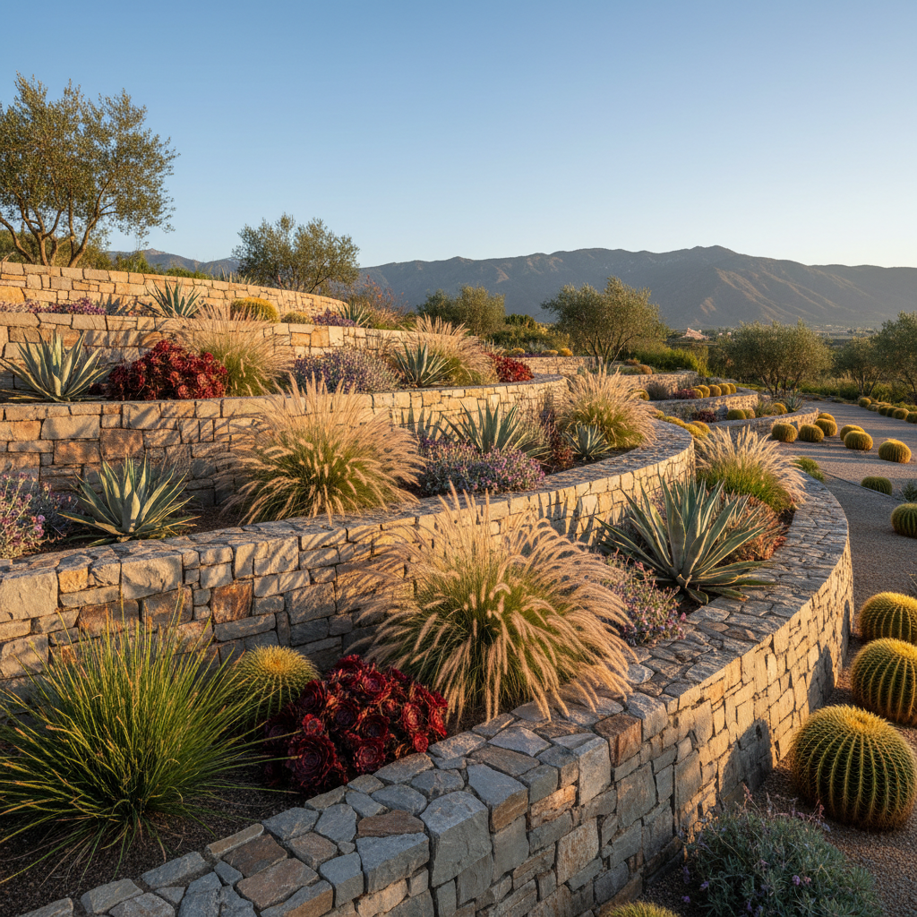 Moss rock retaining wall with terraced planting beds on a sloped mountain property