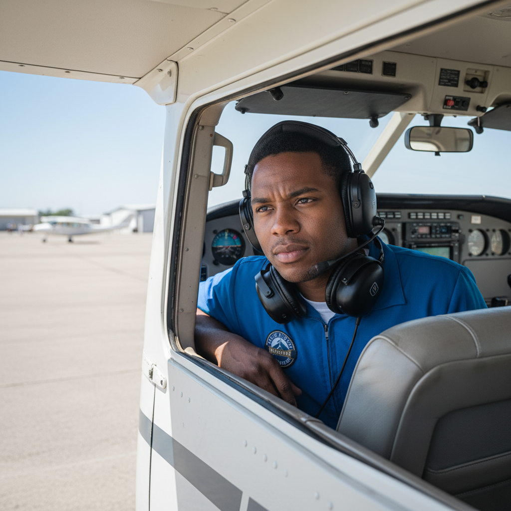 Student pilot Marcus Webb leaning out of Cessna 172 cockpit window, headset around neck, tarmac soft-focused behind him