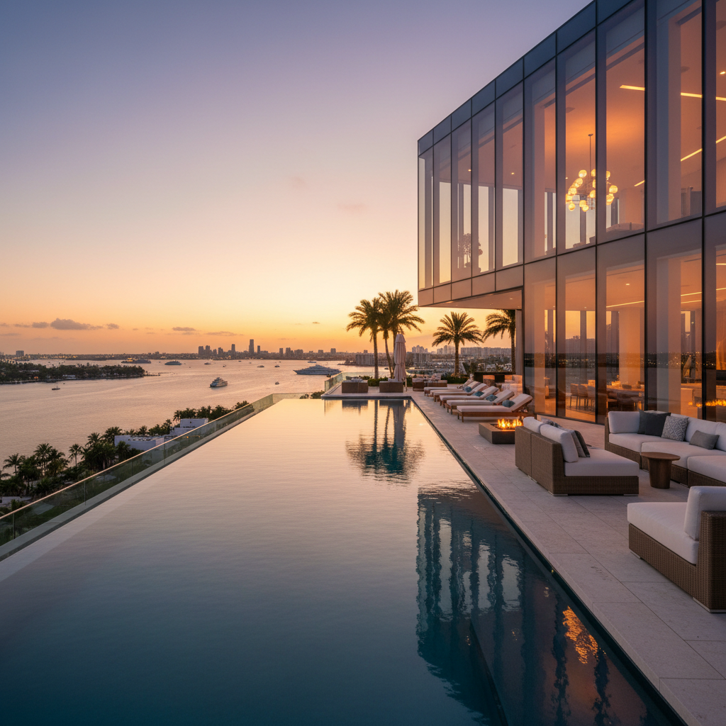 Luxury penthouse terrace at dusk with infinity pool and panoramic Miami waterfront skyline views